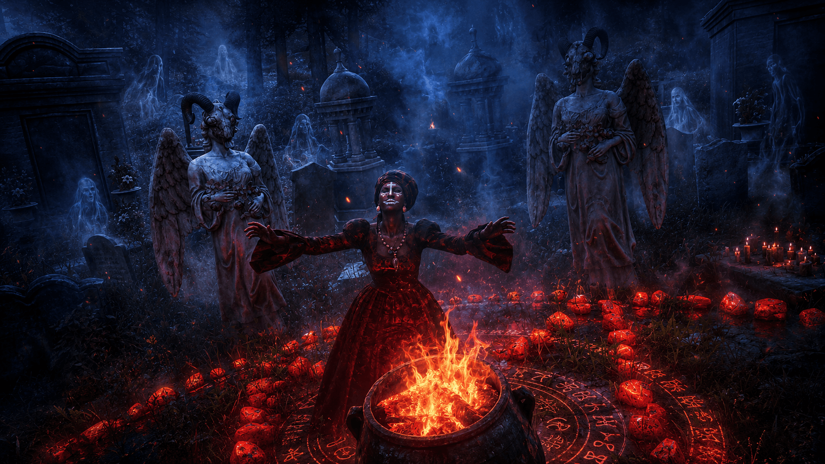 Retrato sobrenatural da linhagem necromante — figura em luz de vela e véus escuros
