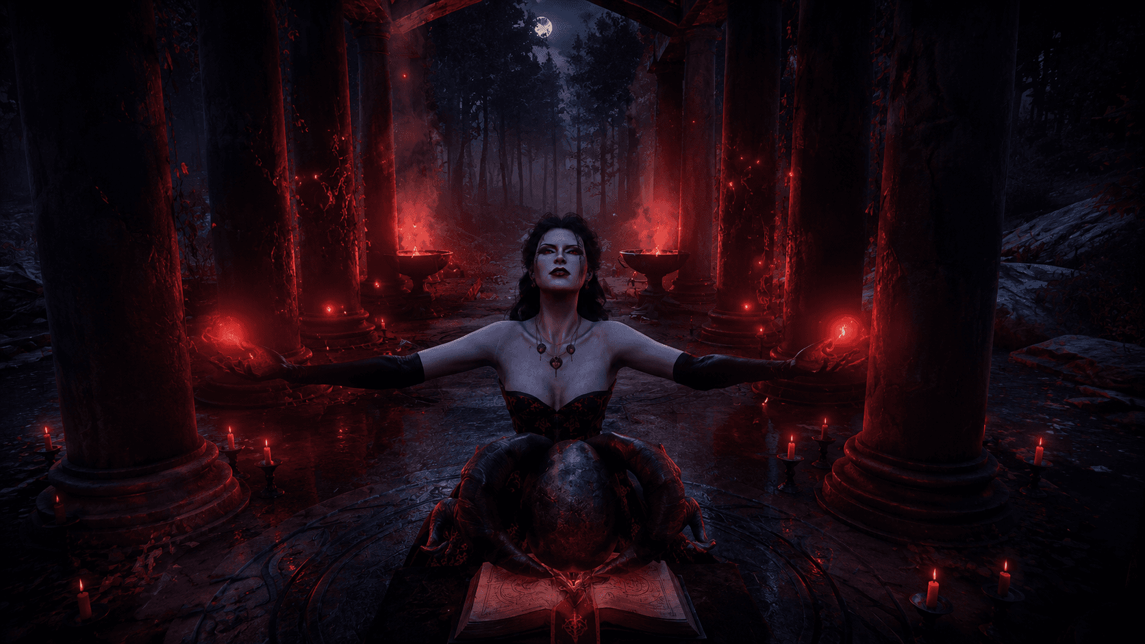 Retrato sobrenatural da linhagem vampírica — figura noturna em traje vitoriano sob luz crimson