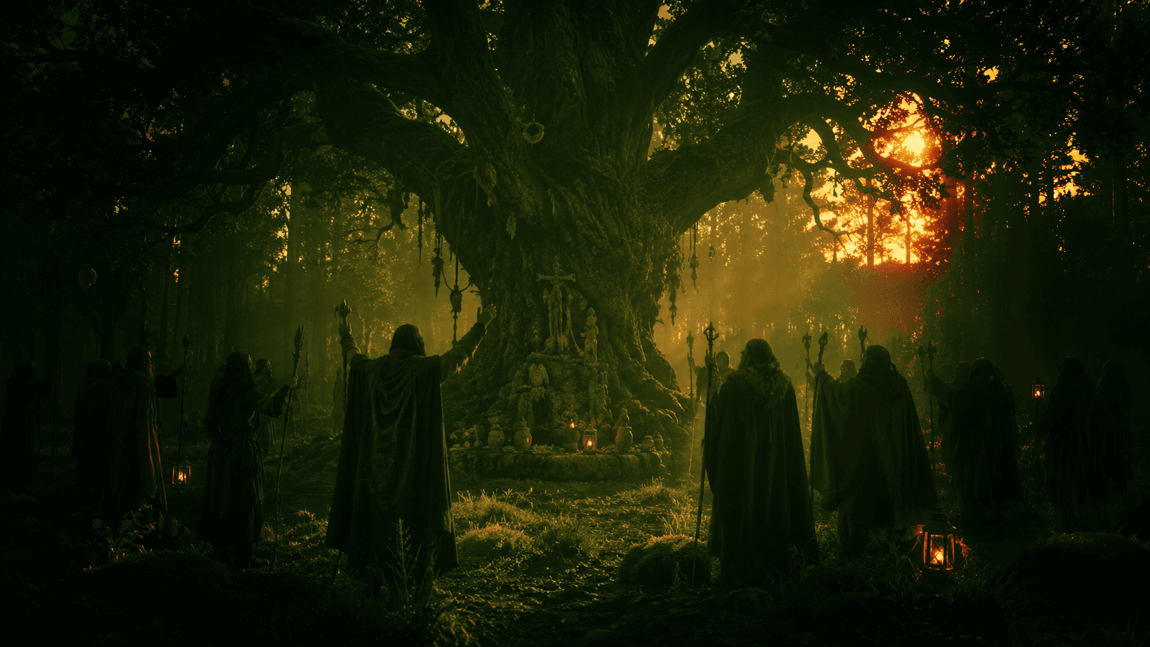 Druida envolta em folhagem e penumbra verde de bosque sagrado