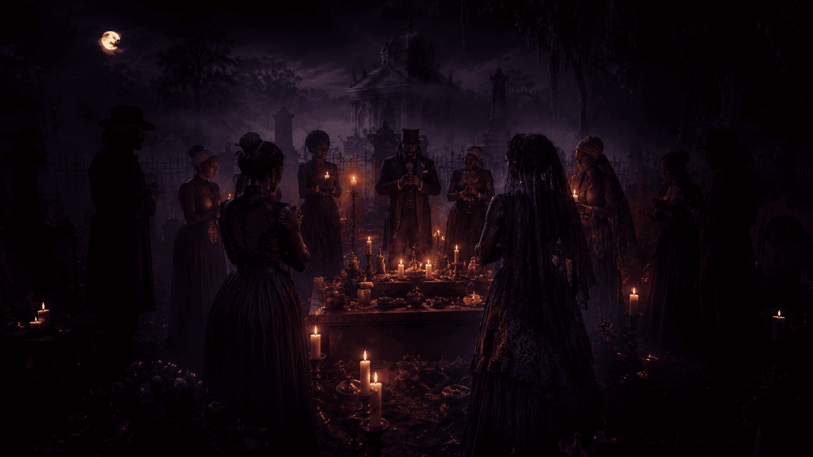 Necromante em luz de vela e véus escuros junto ao limiar dos mortos