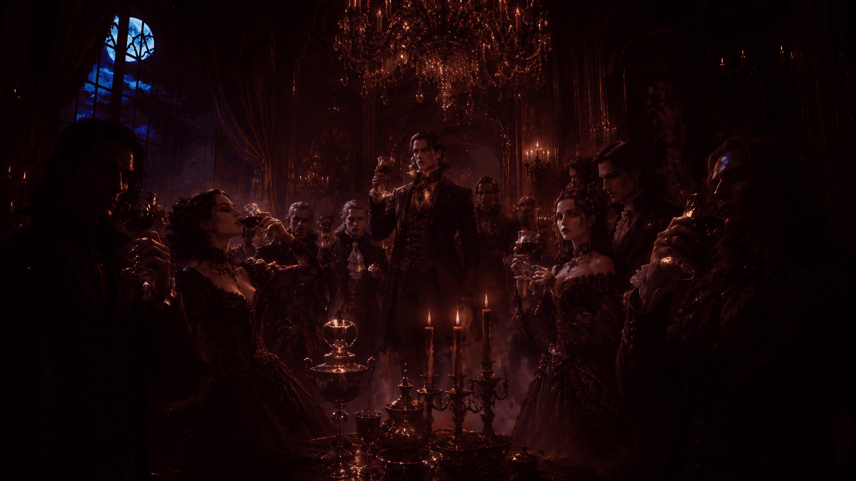 Figura vampírica sob luz crimson em atmosfera noturna e elegante