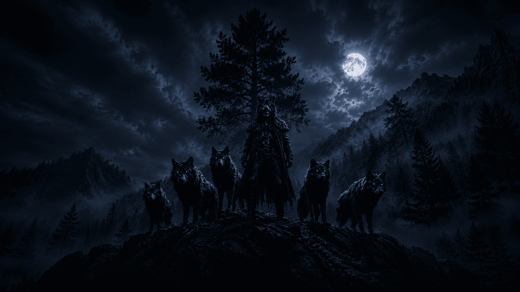 Retrato sobrenatural de Mordrak Vharos, o Original dos Lobos — fera ancestral sob lua encoberta em floresta fria